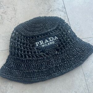 Prada straw hat black white Prada logo